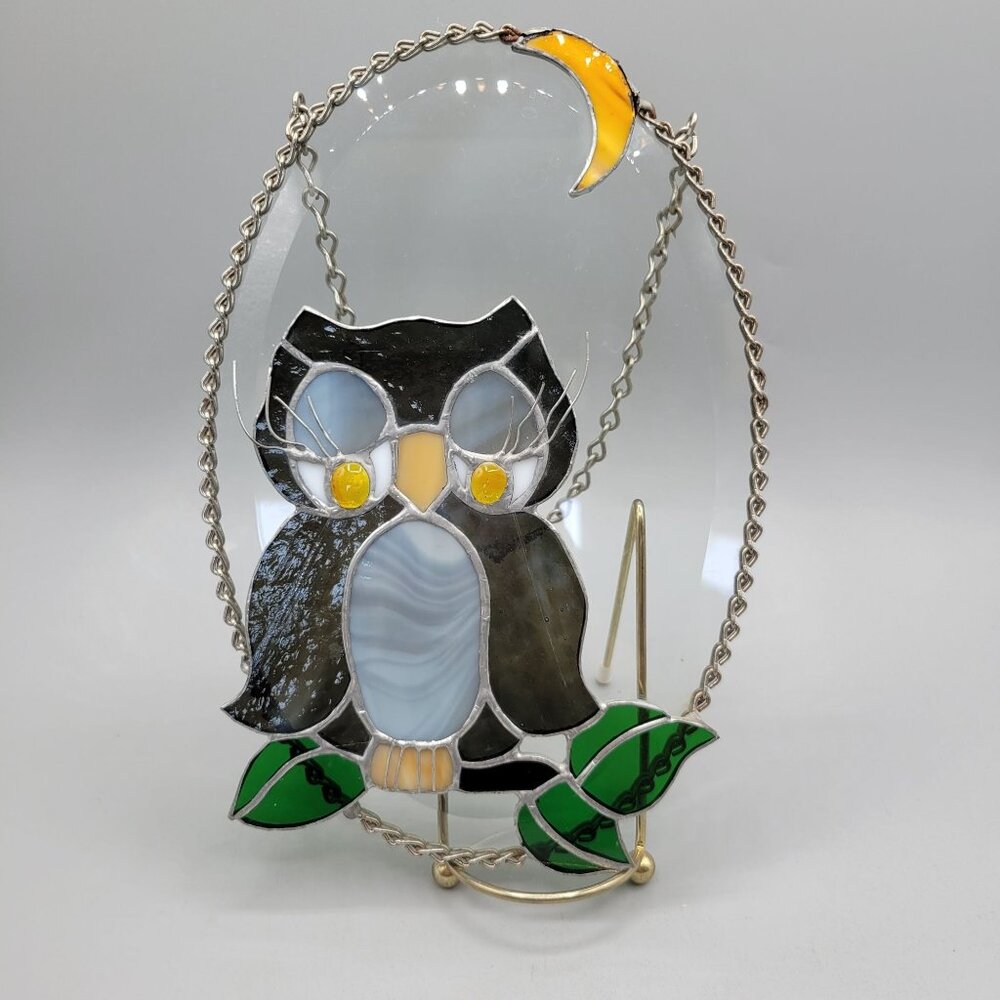 Stained Glass Owl Suncatcher With Yellow Moon Beveled Glass 12 Inch Chain AS IS
